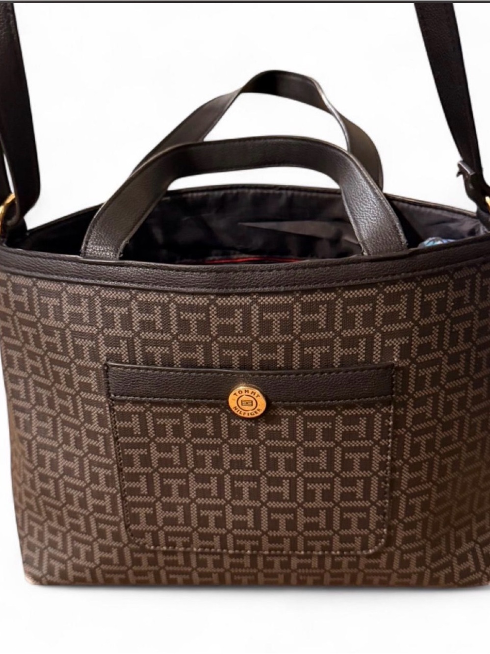 Tommy Hilfiger Brown Monogram Tote Bag with Gold Accent
